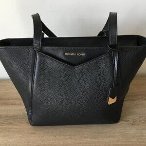 Michael Kors Whitney Large Black Leather Tote Bag w/Logo Tag and Gold Hardware